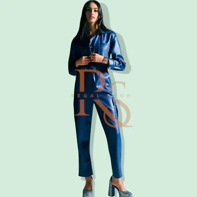 Women's Belted Style Blue Leather Jumpsuit In Genuine Lambskin Leather Jumpsuit - Image 1 of 4