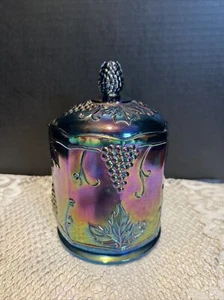 Blue Carnival Glass-Indiana Glass-Harvest Grapes-7.25” Biscuit Jar - Picture 1 of 8