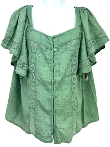 OLD NAVY Green Top M Sweetheart Neck Flutter Sleeves Buttons Insertion Lace - Picture 1 of 14