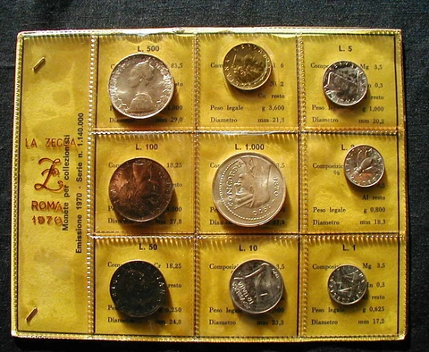 1970 ITALY complete official set coins with 2 silver UNC Roma Concordia Columbus Cover