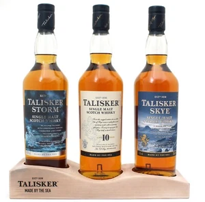 SET 3x0,7l TALISKER 10 Jahre + Storm + Skye + Barständer / Holzdisplay Hausbar