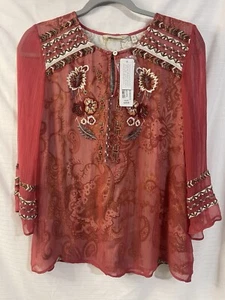 NWTS SOFT SURROUNDINGS Orange Embroidered 3/4 Sleeve Floral Beaded Blouse Sz SP - Picture 1 of 4
