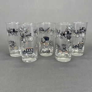 Vintage Libbey Glass 5.5" Tumblers/Glasses Horse Carriages Set of 5 Black Gold - Picture 1 of 7