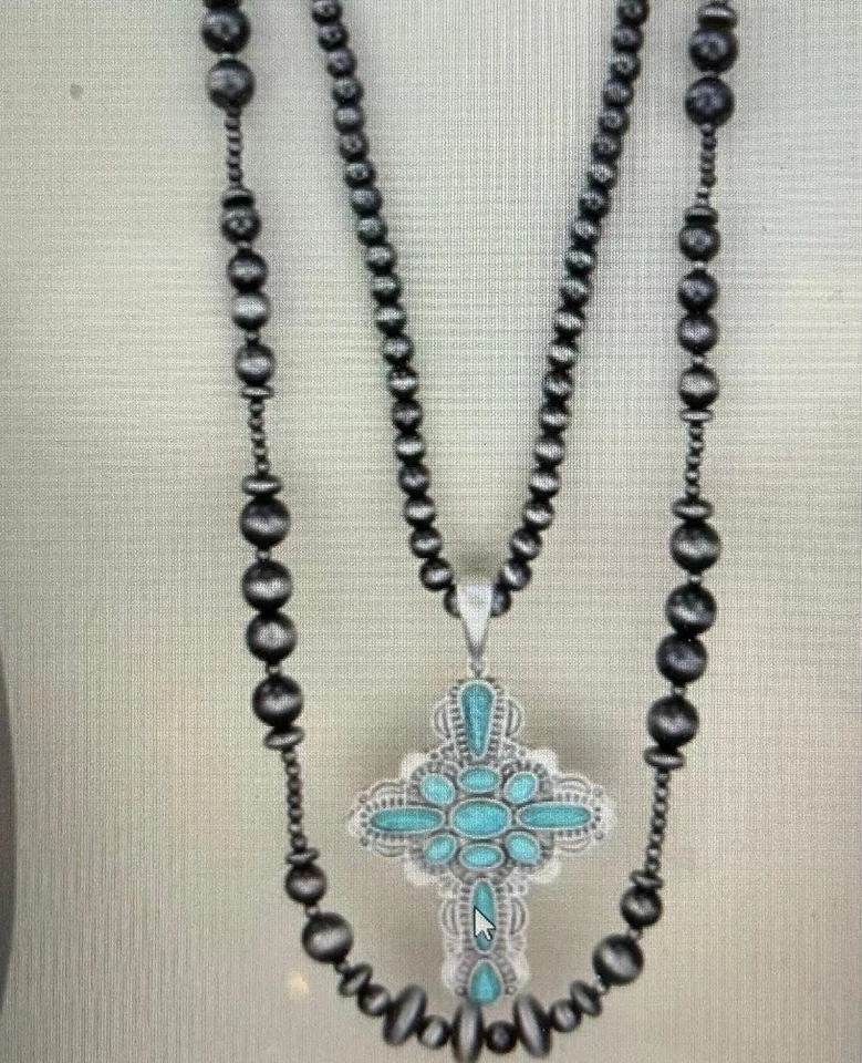 NUEVO Precioso Collar Cruz Turquesa 2 Hilos Perla Peltre Nuevo en el Mercado Foto 1 de 3