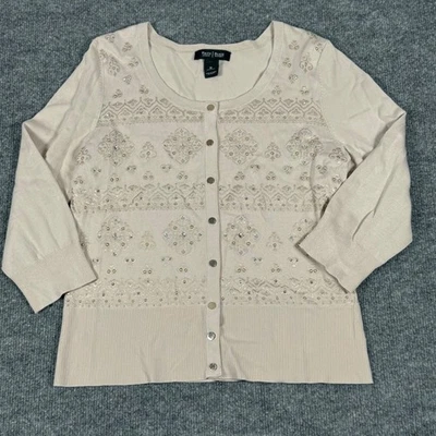 Cárdigan tejido WHBM mediano adornado frontal a presión beige ligero otoño Foto 1 de 4