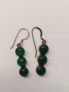 Earrings 925 Sterling Silver 3 each Green Jade color Stones, Dangle Drop - Picture 1 of 6