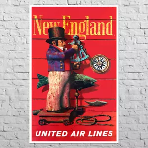 Poster UAL New England, 1955 | 22x34" Big size | Vintage wall art, Maine Vermont - Picture 1 of 4
