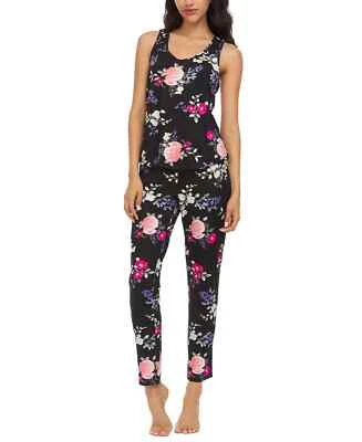 FLORA NIKROOZ Black Pink Floral Print Lace Trim Tank Top Pants Pajama Set XL 16 - Image 1 of 2