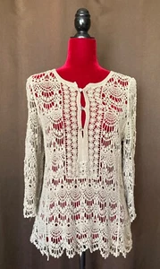 Le Dor Spitze Häkel Festival Top beige 3/4 Ärmel Baumwolle vorne Damen Small - Bild 1 von 3