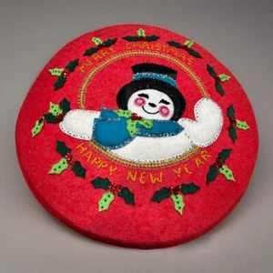 Vintage Snowman Felt & Sequin Plush Throw Pillow Christmas Decor 15" - Picture 1 of 10