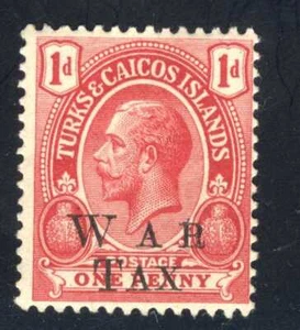 1917 Turks & Caicos Island War Stamp Ovpt. SC#MR10 A1O 1pn Carmine MHOG - Picture 1 of 2