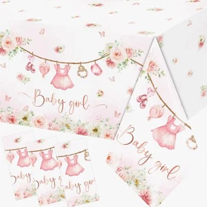 Floral Baby Shower Tablecloth Pink Waterproof Table Cover Girl Gender Reveal - Picture 1 of 6
