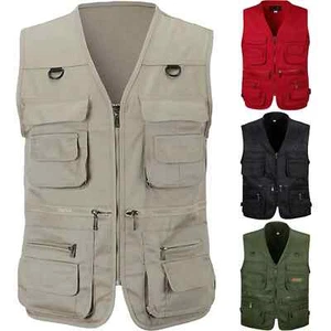 Mens Multi Pocket Vest Cargo Utility Fishing Hiking Camping Gilet Waistcoat Tops - Picture 1 of 17