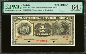 Bolivia One Boliviano 1902 PROBEN Pick- 92s CH UNC PMG 64 EPQ - Bild 1 von 2