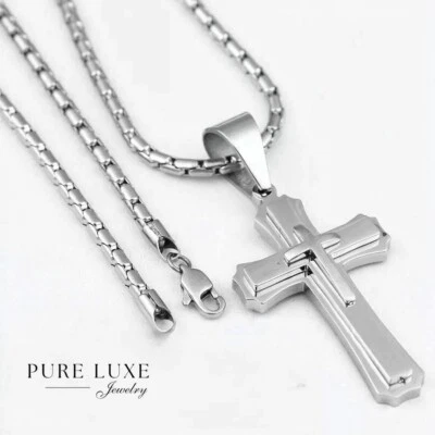 Men's Stainless-Steel Silver.CROSS Pendant 24" Round-box Chain,Necklace + Box - Image 1 of 3