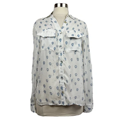 Camisa Jen's Pirate Booty S Mujer Blanco Azul Estampado Manga Larga Botón Frontal Rayón Foto 1 de 4