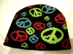 Multiple Rainbow Color Peace Sign Symbol Imprints on Black Hat Cap Beanie-New! - Picture 1 of 2