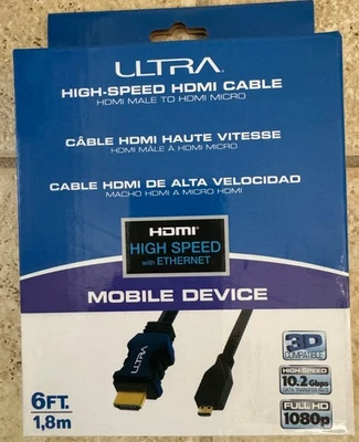 6 ft Micro HDMI to HDMI Cable High Speed Adapter Camera 4K Ultra HD 3D - New - Image 1 of 3