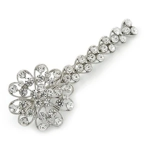 Large Clear Crystal Flower Hair Beak Clip/ Concord Clip In Rhodium Plated Metal - Picture 1 of 6