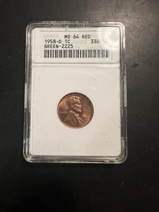 Centavo de trigo Lincoln 1958-D 1C ANACS MS64RD Breen-2225 soporte antiguo - Imagen 1 de 7