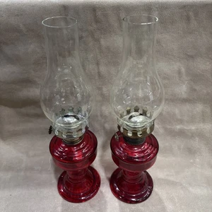Vintage 2 Ruby Red Govdfish Oil Lamps w/Clear Chimney 12.25" Farmhouse Cottage - Picture 1 of 3