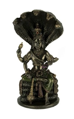 Acabado Bronce Vishnu Sentado en Shesha Sosteniendo Armas y Estatua de Loto Foto 1 de 2