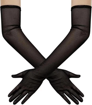 Hazhlko Mujer Largo Elástico Malla Tul Transparente Guantes Disfraz Boda Negro  Foto 1 de 4