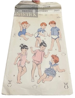 Butterick 7665 Sew Pattern Baby Girl Boy Crisscross Back Sun Suit Top Rare! - Image 1 of 4