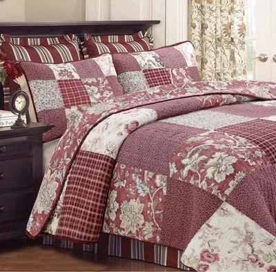 100% Cotton Hand Piecing Real Patchwork Vintage Burgundy Rose Cottage King Size - Image 1 of 2