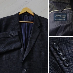 Joseph Feiss Gold Blazer Men's 52 LONG Charcoal Lambswool Plaid WINDOWPANE Coat - Picture 1 of 7