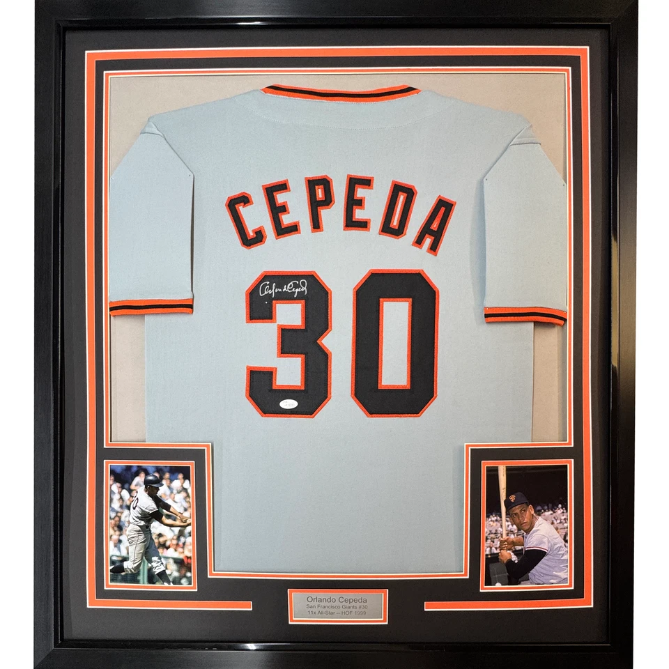 Camiseta deportiva gris de Orlando Cepeda 33x42 autografiada/firmada enmarcada de San Francisco certificado de autenticidad JSA Foto 1 de 2