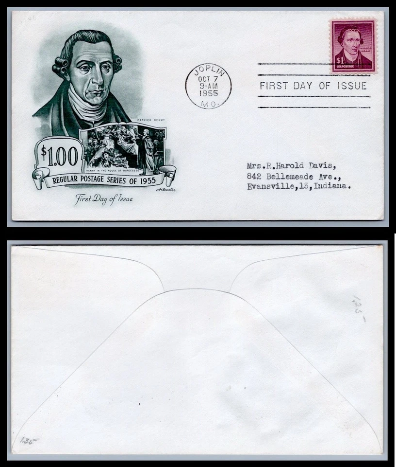 US FDC # 1052 $1 Patrick Henry  Artmaster addressed S.Cancel 1955, 9Q1535 - Image 1 of 1