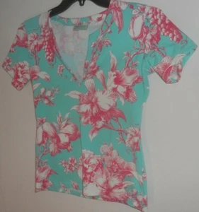 Manuel Canovas Paris ~ Art to Wear ~ Aqua/Pink Floral Slot V-Neck Shirt ~ T3 3 - Picture 1 of 5