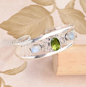 Peridot Cut & Moonstone Gemstone 925 Sterling Silver Bangle Cuff Artisan Jewelry - Picture 1 of 4