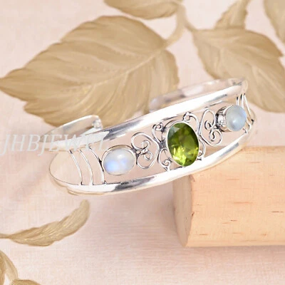 Oval Cut Peridot & Moonstone Gemstone 925 Sterling Silver Affordable Bangle Cuff - Image 1 of 4