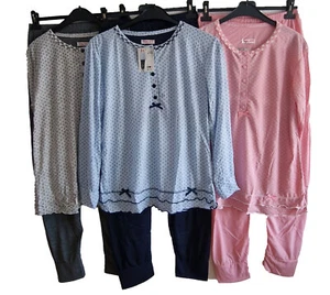 Damen Pyjama Lang 2 Teiler Set Bündchen Schlafanzug Blumen Langarm Spitze - Bild 1 von 7