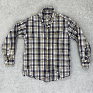 Cinch Tan/ Navy Plaid Long Sleeve Button Up Shirt Boys Size XS 4/5 - Picture 1 of 11