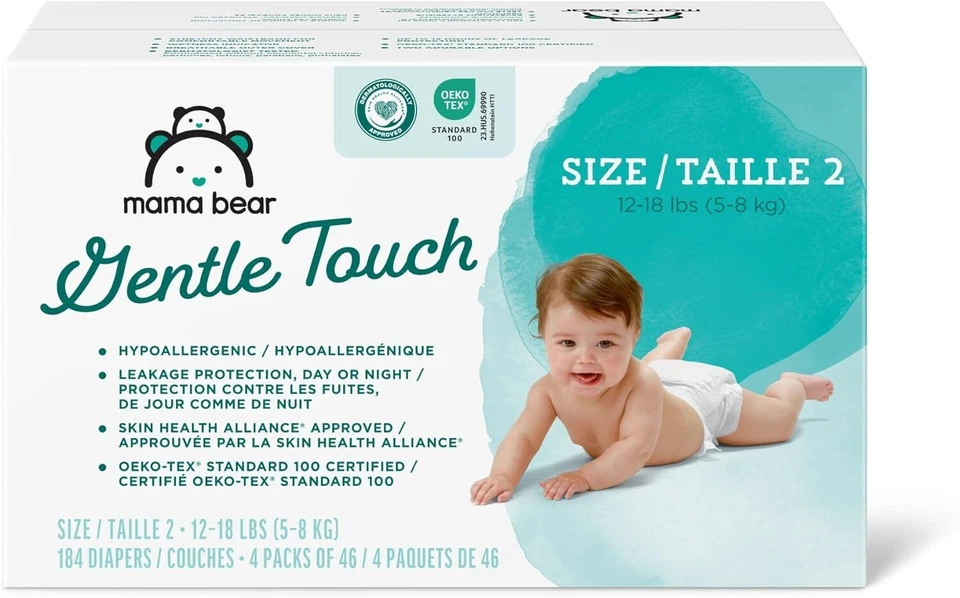 Pañales al tacto suave marca Amazon Mama Bear, hipoalergénicos, talla 2, 184 unidades Foto 1 de 1