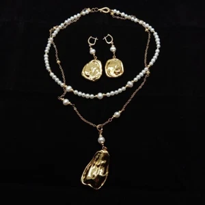 Cultured White Pearl Necklace Earrings Set Handmade Designer Jewelery - Picture 1 of 6