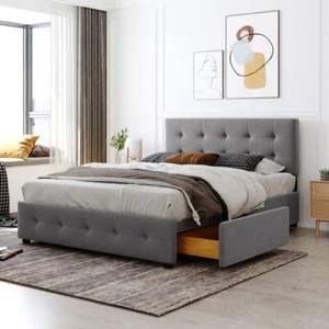 Queen Size Bed Frame with 4 Storage Drawers Modern Upholstered Platform Bed Gray - Picture 1 of 13
