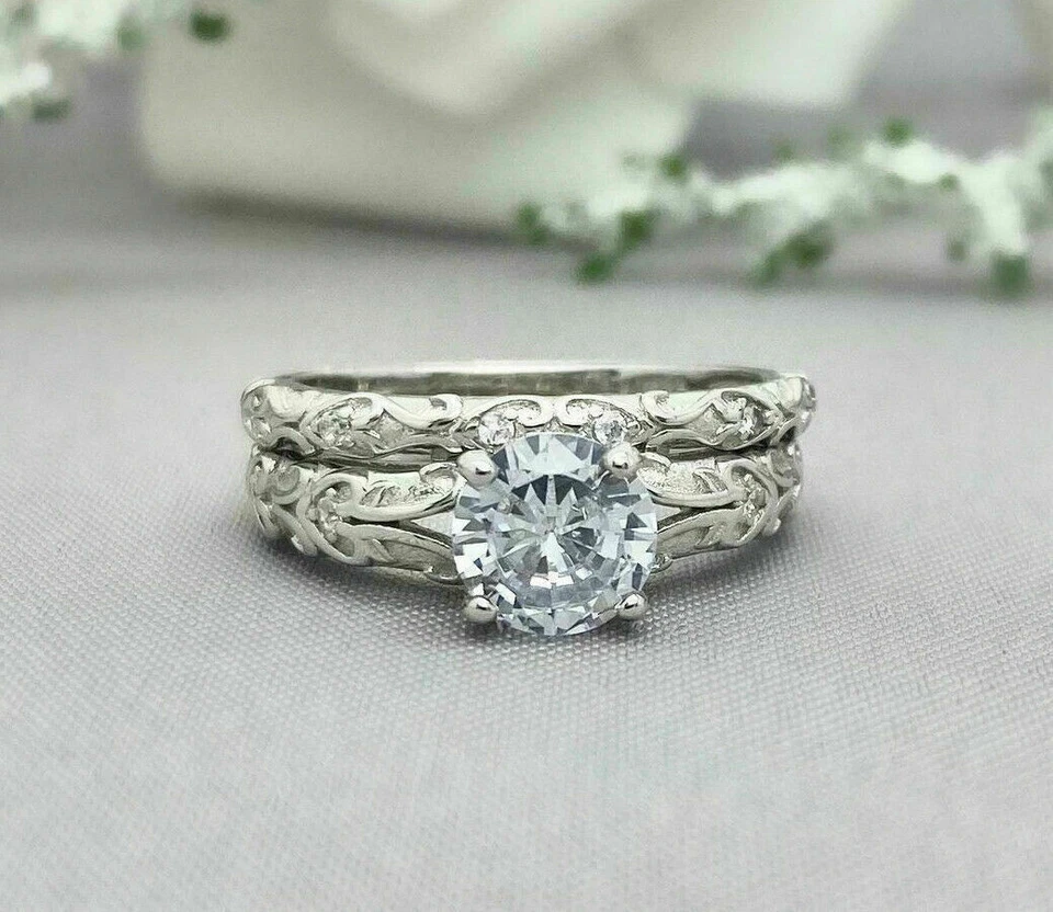 1.55Ct White Round Cut Moissanite Wedding Matching Bride 14K White Gold Ring Set - Image 1 of 4