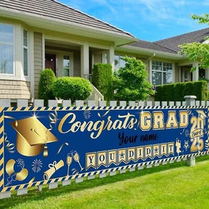 Personalized Graduation Decorations 2025 Banner Blue and Gold Congrats Grad Clas - Picture 1 of 9