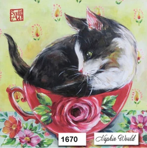 (1670) ZWEI individuelle Papier Lunch Decoupage Servietten - BUNTE KATZE in einer TASSE - Bild 1 von 3