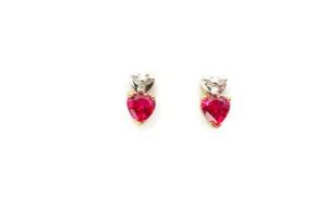 10k Yellow Gold 0.75 CT Lab-Created Ruby And Diamond Heart Stud Earrings ADL - Picture 1 of 6