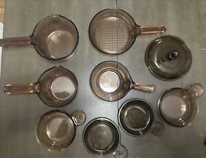 Corning Pyrex Visions Ware 9Pc Set Amber Brown Glass Cookware Lids USA 1 France