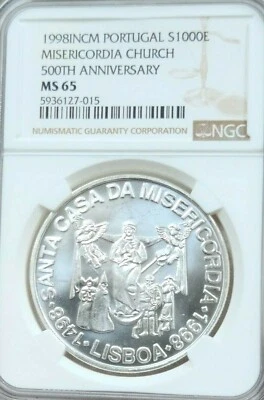 1998 PORTUGAL SILVER 1000 ESCUDOS MISERICORDIA CHURCH ANNIVERSARY NGC MS 65  - Image 1 of 4