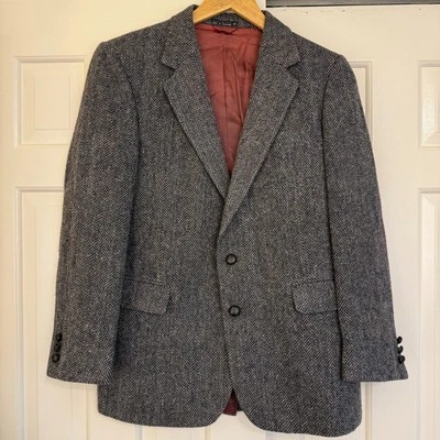 复古 Woodmere Blazer 羊毛粗花呢人字形灰色皮革纽扣男式 40 R — 第 1/4 张图片