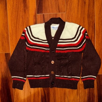 Vintage Universal Kids Cardigan Sweater Brown Red Striped Acrylic Size 4T - Image 1 of 4