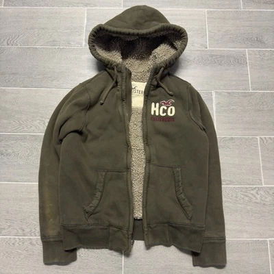 Sudadera con Capucha Y2K Hollister Sherpa Forrada Cremallera Completa Para Hombre S Verde Con Capucha Foto 1 de 4
