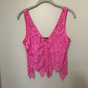Signatures Hot Pink ärmellos L Blumen Spitze Tank Top süß Sommer Neckholder Cropped - Bild 1 von 6